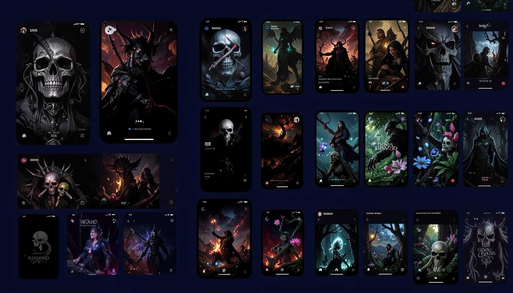 A moody collage of phone wallpaper thumbnails featuring dark fantasy art, skull motifs, and vibrant nature close-ups against a dark backdrop