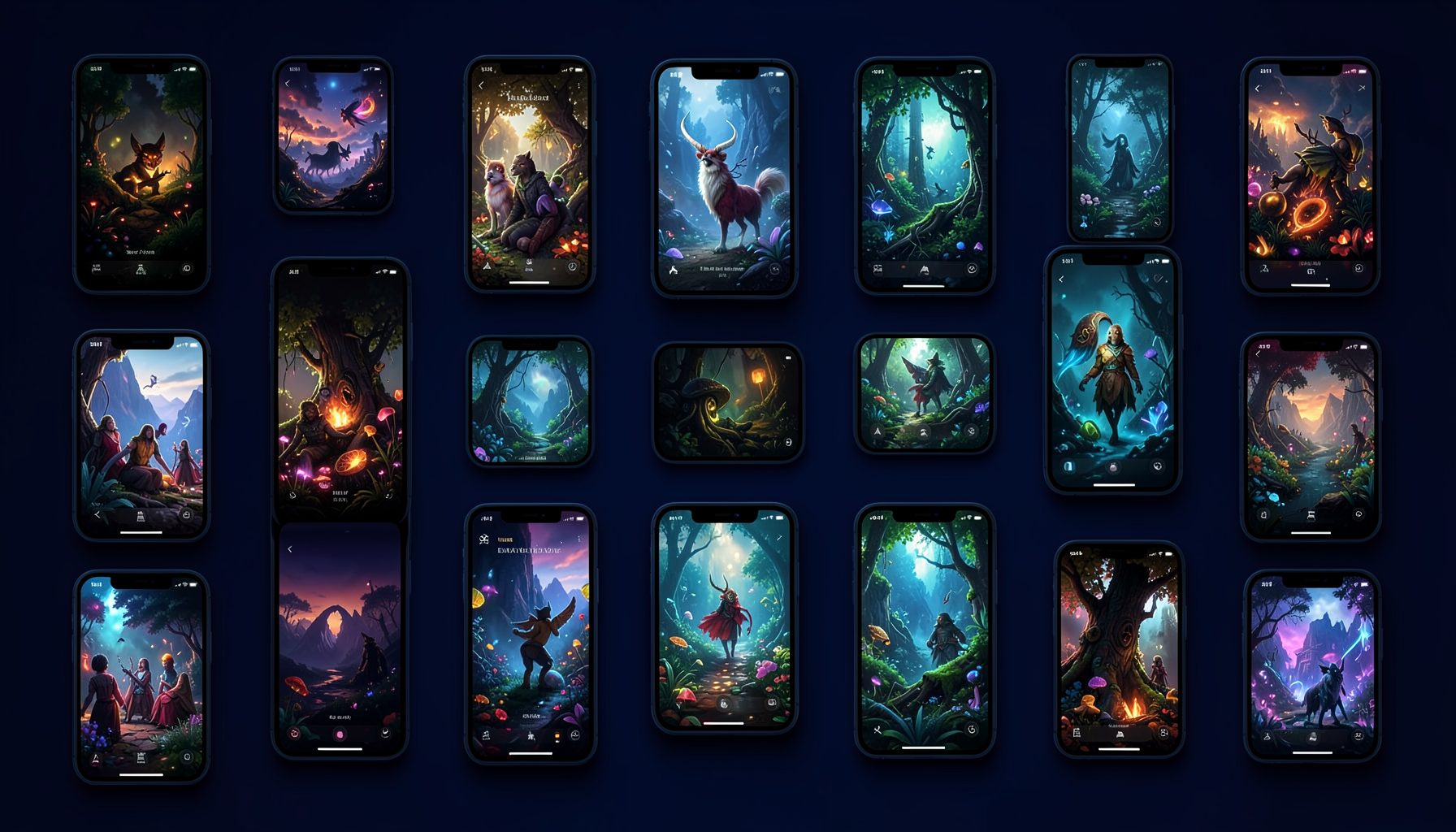 A dark atmospheric grid of colorful smartphone screens glowing against a deep navy background, each displaying vivid nature and abstract wallpaper art