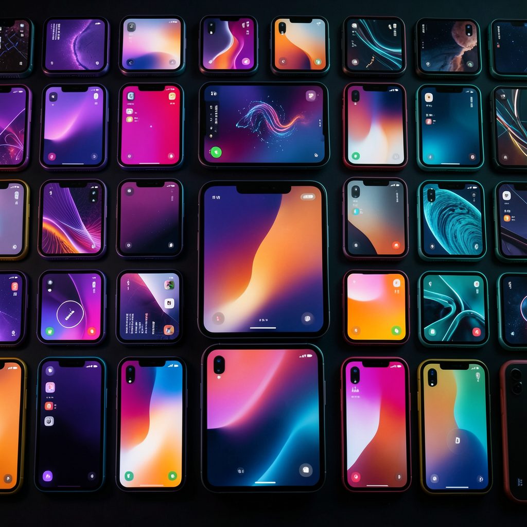 A vibrant grid of colorful phone screens glowing against a dark background, with rich purples, oranges, and teals creating an energetic mood