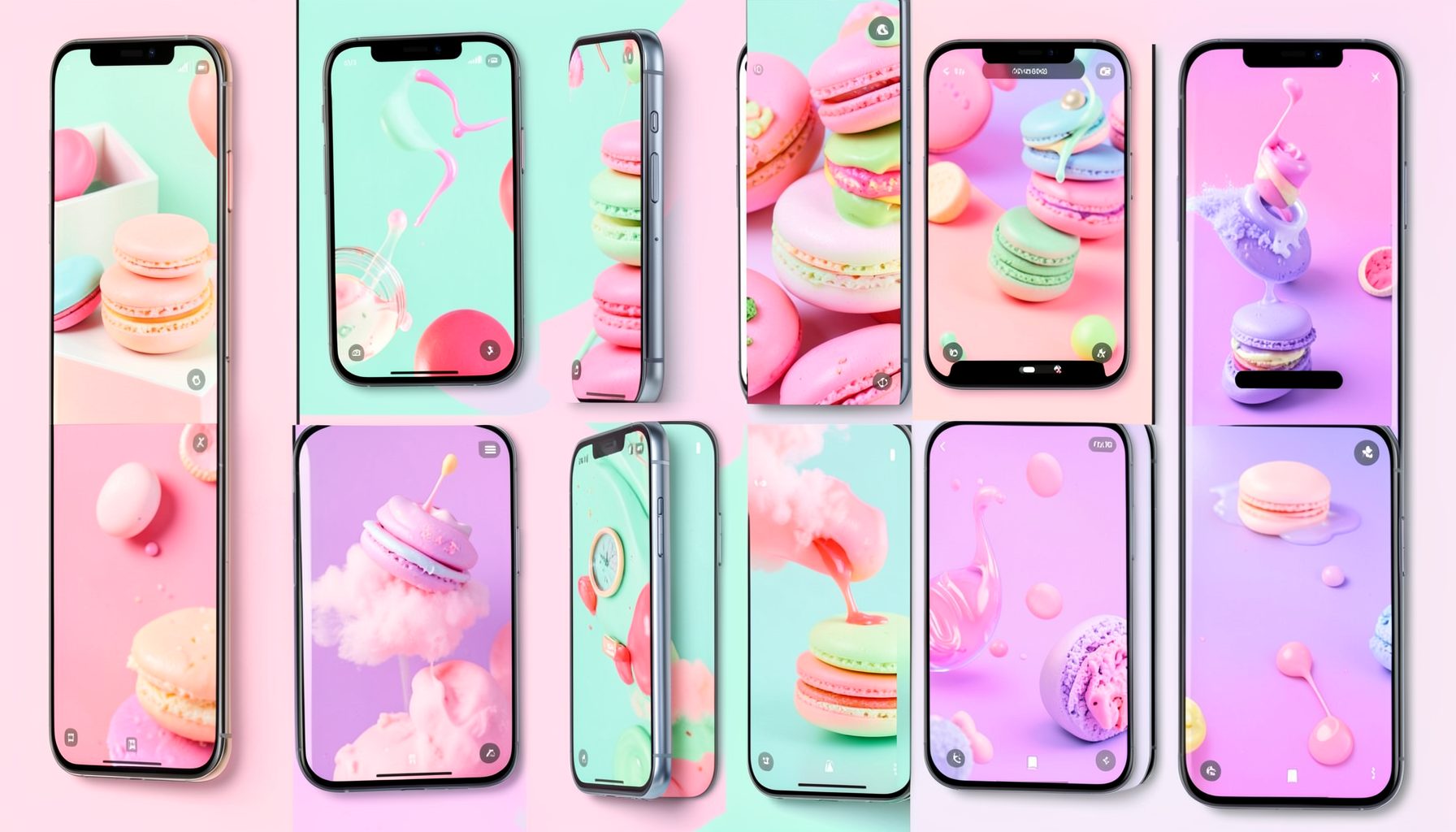 A vibrant collage of colorful Android phone screens showing bright macaron-themed wallpapers in pastel pink, mint, and lavender tones
