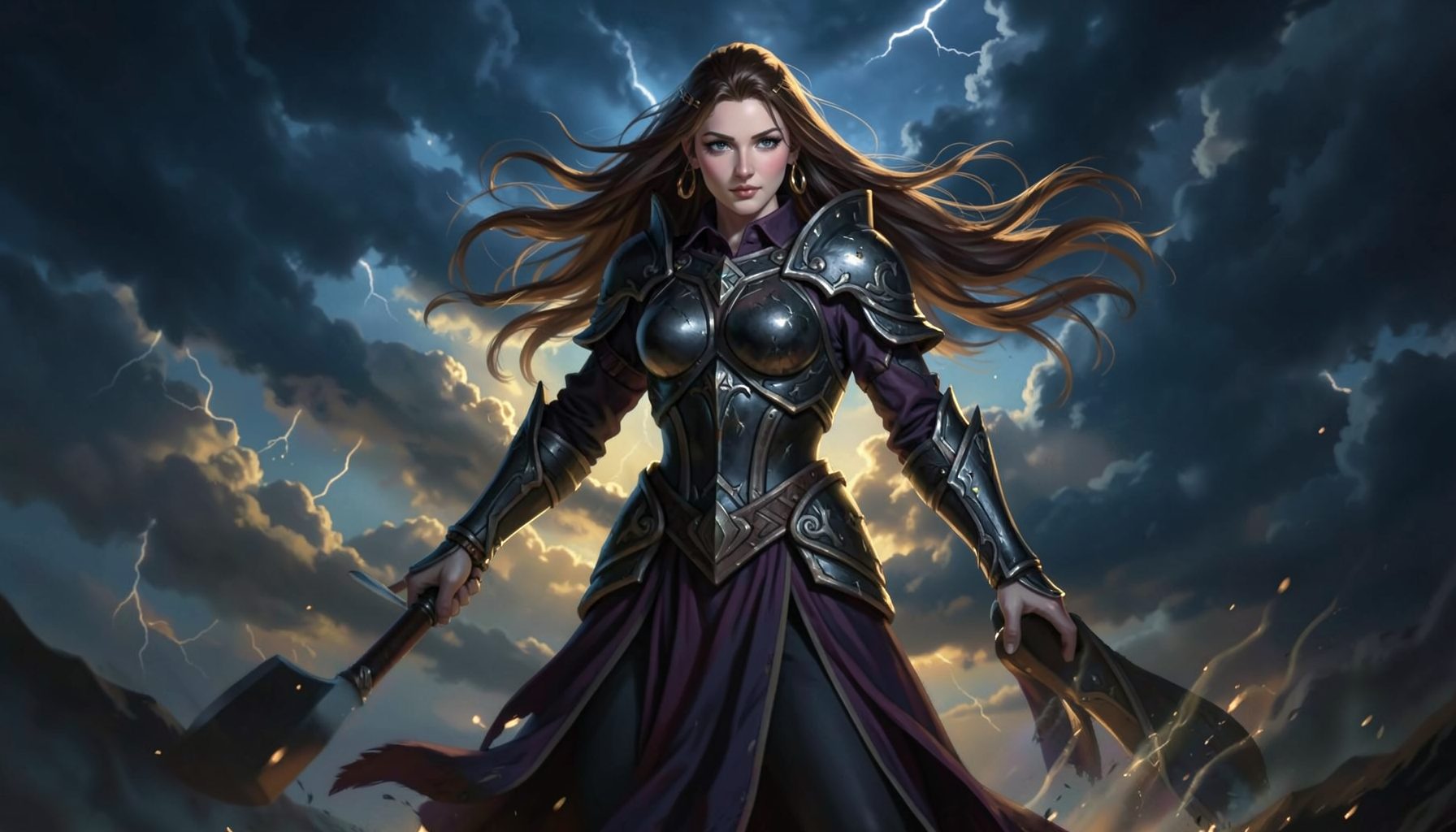 A dramatic fantasy illustration of a warrior goddess in dark armor with flowing hair, set against a stormy sky in deep blues and fiery orange tones